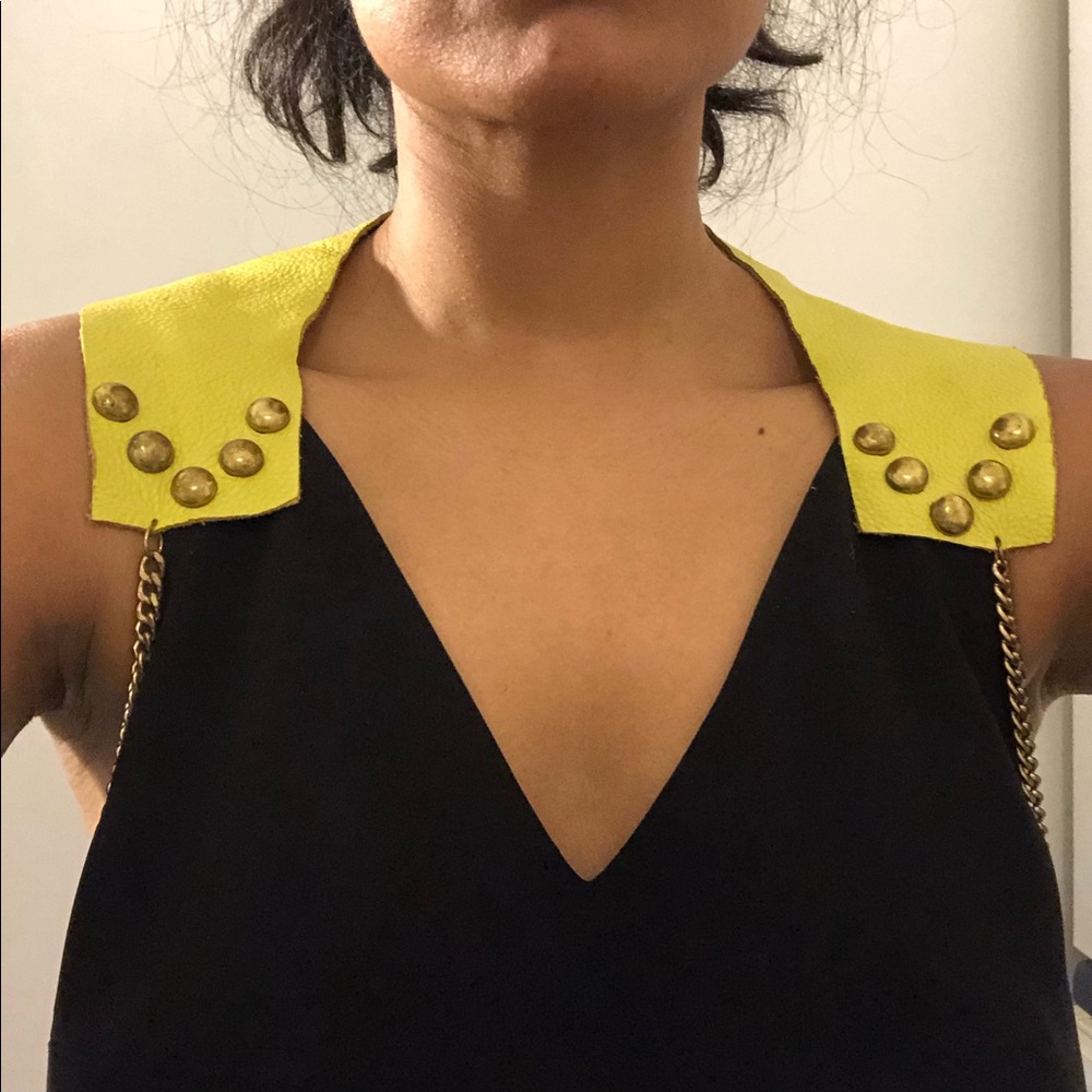 Handcut yellow leather collar vest w brass studs - Picture 1 of 8
